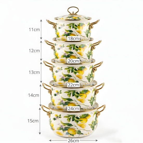 Lemon Pattern Cooking Pot Set - 5 Pcs